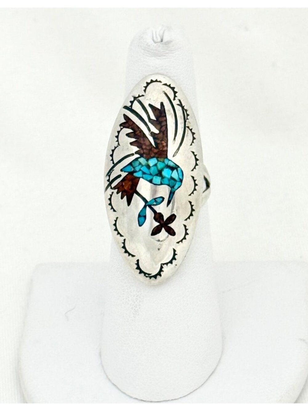 Vintage Navajo Sterling Silver Ring w/Turquoise & Coral Inlay Hummingbird Size 6